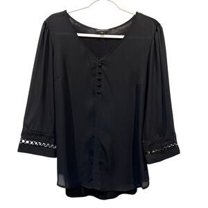 FORTUNE + IVY Top Amari Popover Bell-Sleeve Blouse Black Womens Medium NEW